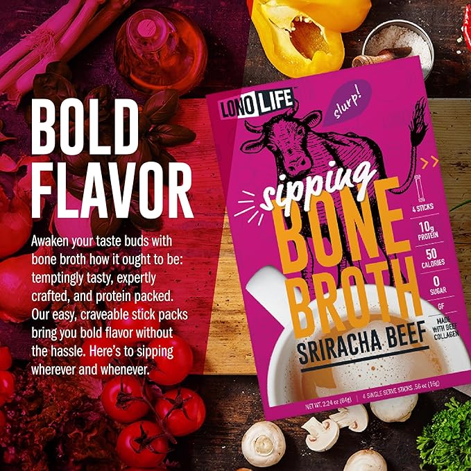 LonoLife Sriracha Beef Bone Broth Powder Mix | Grass-Fed, 10g Protein | Collagen-Rich, Keto & Paleo Friendly | Natural Ingredients | 4 Portable Stick Pack Servings