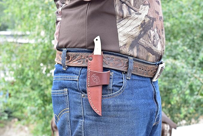 Knives Ranch Handmade EDC Fixed Blade Hunting Knife ??Forged Damascus Steel ??Bone Handle ??Horizontal Carry Sheath ??Outdoor Cowboy Knife (3180-B)