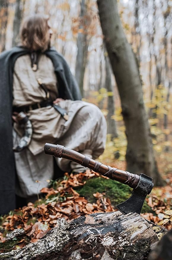 Norse Tradesman 14" Viking Throwing Axe - Carbon Steel Head, Teakwood Handle, Brown, Regulation Size, Includes Leather Sheath