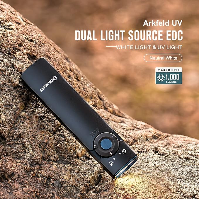 OLIGHT Arkfeld UV Rechargeable EDC Flashlight, 1000 Lumens White LED and 365nm Blacklight Combo for Outdoors, Emergency, Working, Pet Urine Detection (Black NW)