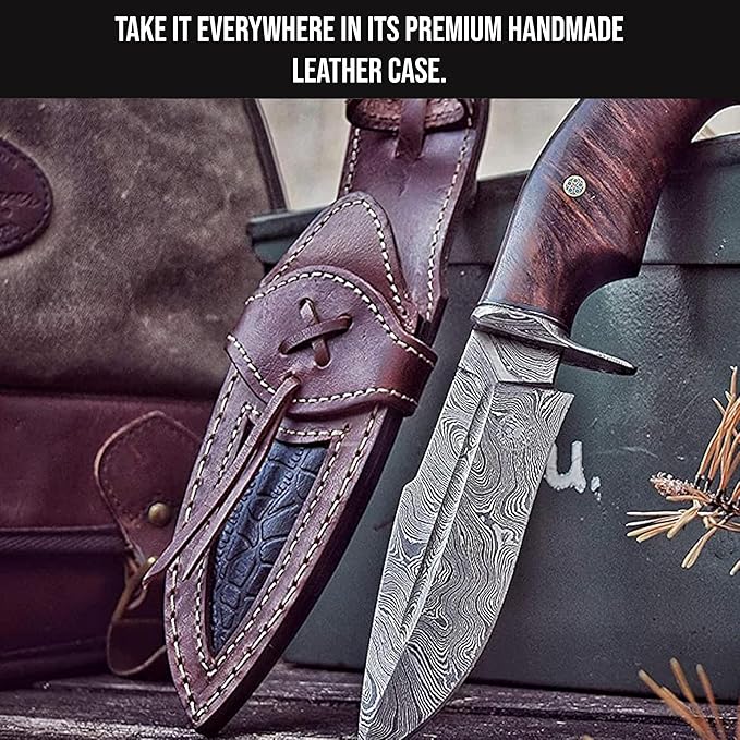 BIGCAT ROAR Beast Hunter - Handmade Damascus Steel Fixed Blade Hunting Knife 10" - Walnut Wood Handle & Leather Sheath - Skinning, Outdoor Camp Survival, Bushcraft EDC Knife - Collector Gifts for Men
