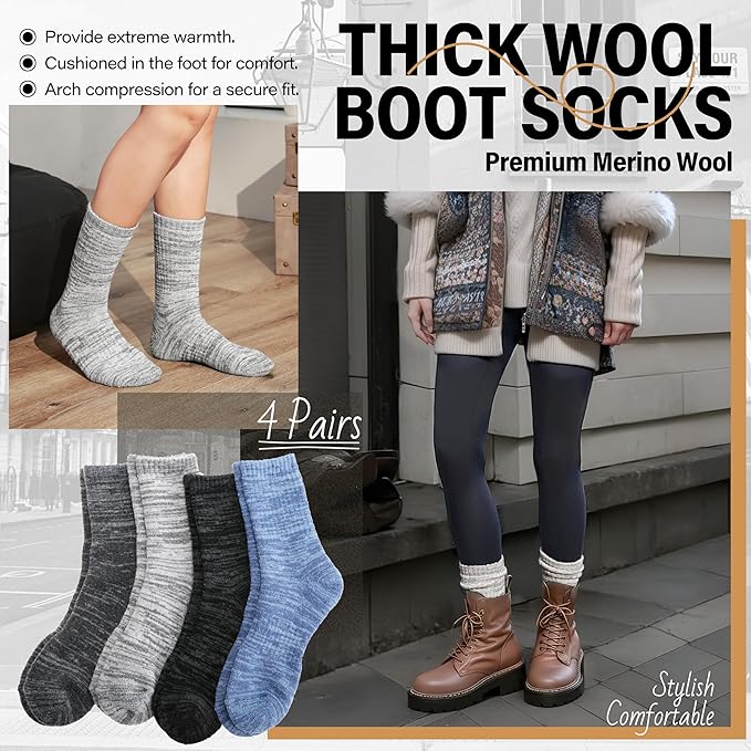 Anlisim Merino Wool Warm Boot Hiking Socks Thermal Extra Thick Winter Cozy Crew Comfy Cushioning Work Women Men Socks 4 Pairs
