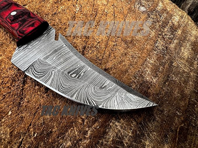 Bushcraft Survival Knife12T27 Damascus Steel Fixed Blade outdoor Knife - Pancake Leather Sheath - Traditional Field Knife for Camping Knife, Fishing, Hunting Knife, (RED)