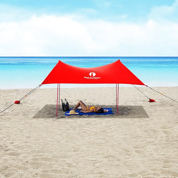 Red Suricata Family Beach Tent & Beach Canopy, UPF50 Sun Beach Shade, Sunshade with 4 Aluminum Poles, 4 Pole Anchors & Sand Shovel, Medium & Portable Sun Shelter Tarp (Medium, Red)