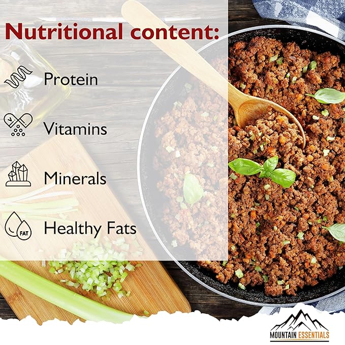 MOUNTAIN ESSENTIALS Freeze-Dried Ground Beef ??Pre-Cooked and Ready-to-Eat Hamburger Meat | Everyday Meal Prep, Emergency Food Supply, Camping and Survival Food | 10 Servings per Pouch | Made in USA | 7-Year Shelf Life | Pack of 1