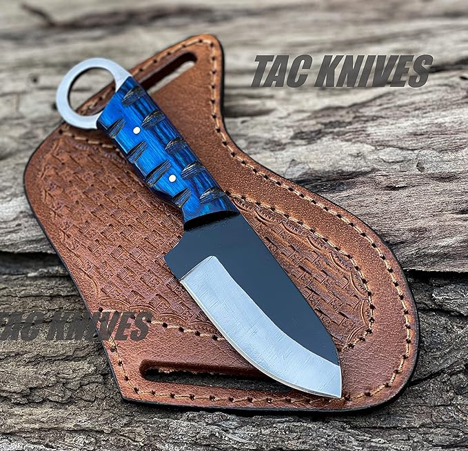 7'' Full Tang Fixed Blade Outdoor Camping Hunting Knife In Sheath Gift For Him | 1095 High Carbon Steel Knife | SKINNER Gift | Cowboy knives | Pancake leather sheath (BLUE)