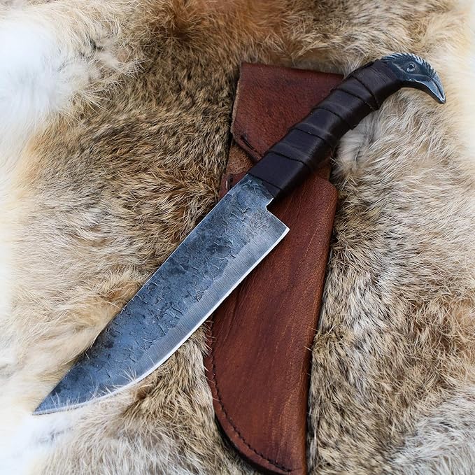 Odin's Raven Norse Viking-styled Knife 10.3" - Hand Forged 6.5" Carbon Steel Blade, Raven's Head Hilt and Leather Sheath - Unique Medieval Seax Style - Norse Knife for Hunting & Camping