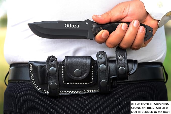 Ottoza Fixed Blade Hunting Knife with Leather Sheath and Horizontal Carry - Full Tang Outdoor Survival and Camping Knife for Men - Cow Horn Handle 338