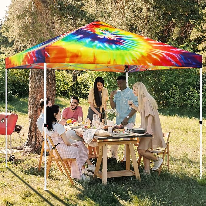 EAGLE PEAK Pop Up Canopy Tent with Wheeled Carry Bag, 8 Stakes, 4 Ropes, 4 Weight Bags, Easy Set Up Tent Canopy, 10x10 ft, 100sqft of Shade, Cosmic Tie Dye