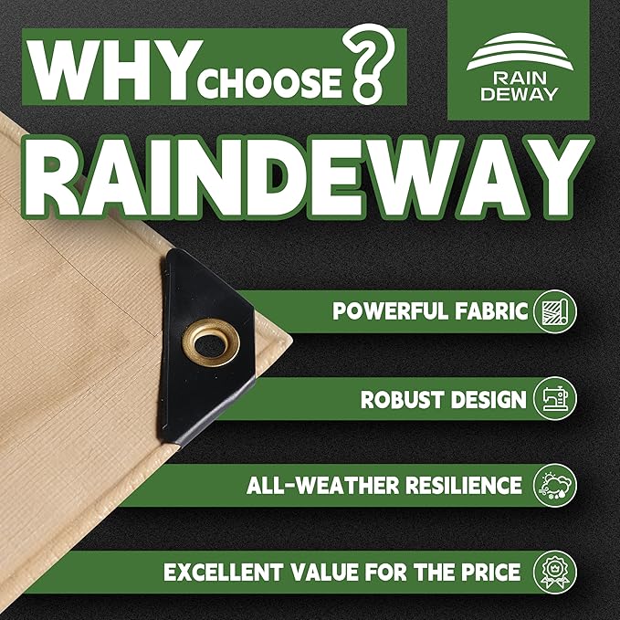 RAINDEWAY 8x10 Feet Heavy Duty Tarp,12 Mil Tan Waterproof Poly Tarp Cover,UV Resistant,Weatherproof,Durable,Multipurpose Tarps with Grommets and Reinforced Edges
