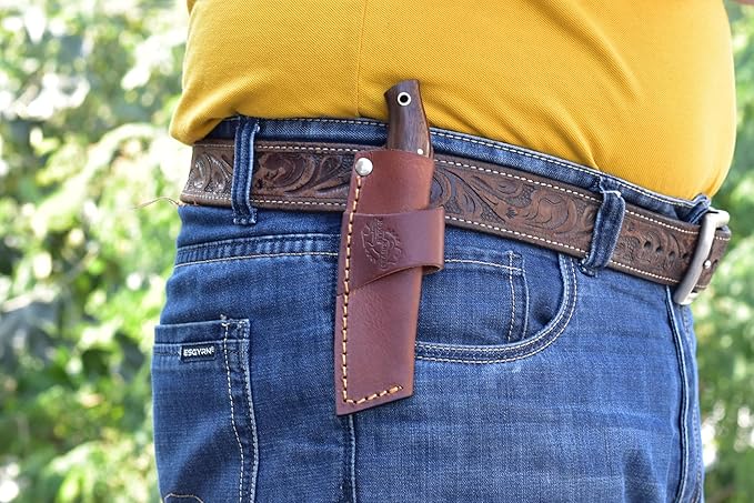 Knives Ranch Handmade High Carbon Damascus Steel Fixed Blade Knife ??6.25" Cowboy Ranch Knife with Rosewood Handle & Horizontal Carry Leather Sheath ??Hunting, Bushcraft, Camping, Survival, Scout Carry, EDC (3131-IRW)