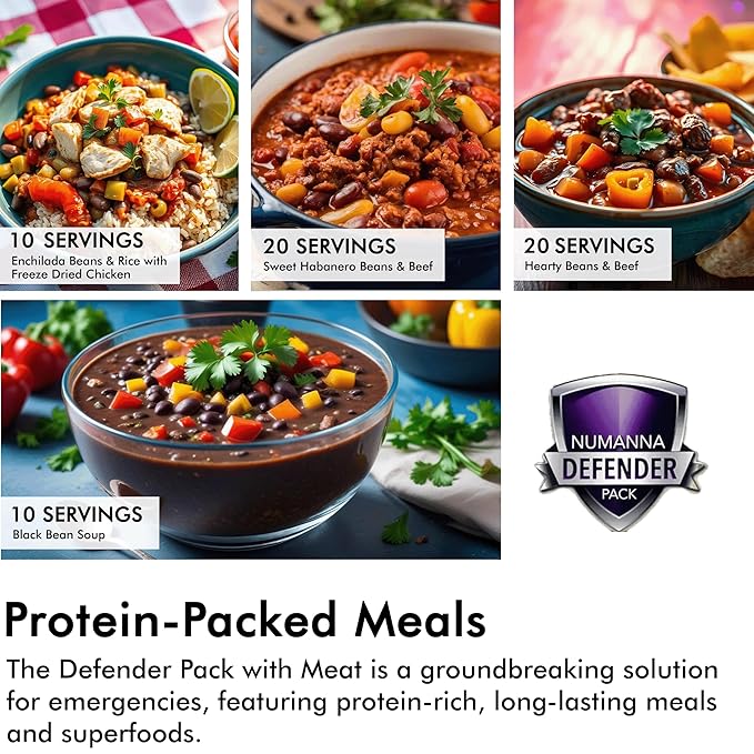 Numanna Defender Pack with Meat Bucket 216 Servings | 1-Month Emergency Food Supply with Protein | Easy-to-Prepare Survival Meals for Prepping, Camping & Daily Use | 25+ Year Shelf Life | Made in USA