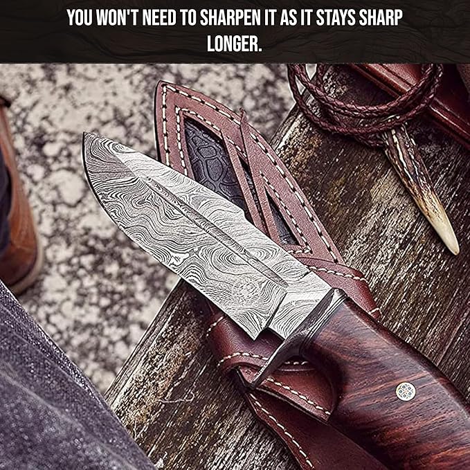 BIGCAT ROAR Beast Hunter - Handmade Damascus Steel Fixed Blade Hunting Knife 10" - Walnut Wood Handle & Leather Sheath - Skinning, Outdoor Camp Survival, Bushcraft EDC Knife - Collector Gifts for Men