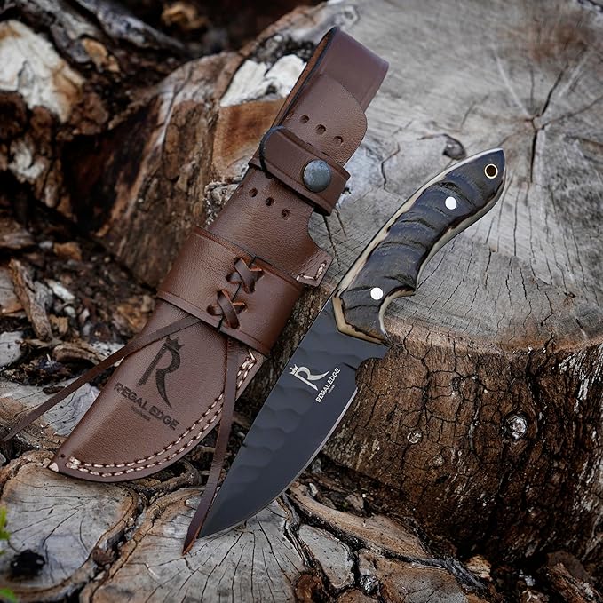 Fixed Blade Knife ??9" Black Coated Drop Point Hunting Knife With Leather Sheath - Full Tang 1095c High Carbon Steel - For Outdoor Use