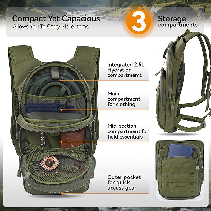 MARCHWAY Tactical Molle Hydration Pack with 2.5L TPU Water Bladder, Low-Profile Organized Military Backpack for Hiking, Cycling, Backpacking, Hunting, Running