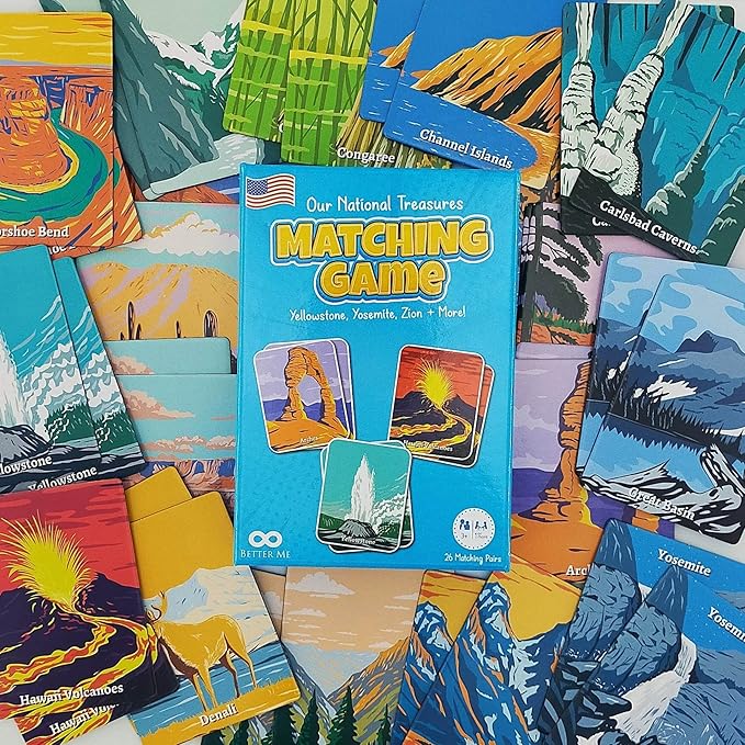 Better Me Our National Treasures Matching Game for Ages 3 & Up A Fun & Fast USA National Parks Memory Game for Kids. Yosemite, Yellowstone, Arches, Denali and More