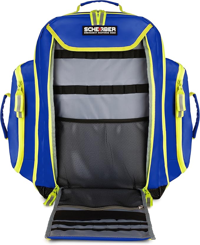 Scherber Fully-Stocked Premium First Responder Backpack | EMT/EMS Medic Trauma & Oxygen Medical Professional Kit | Bag w/ 4 Color-Coded Removable Pouches, O2 Storage, & 250+ First Aid Supplies (Blue)