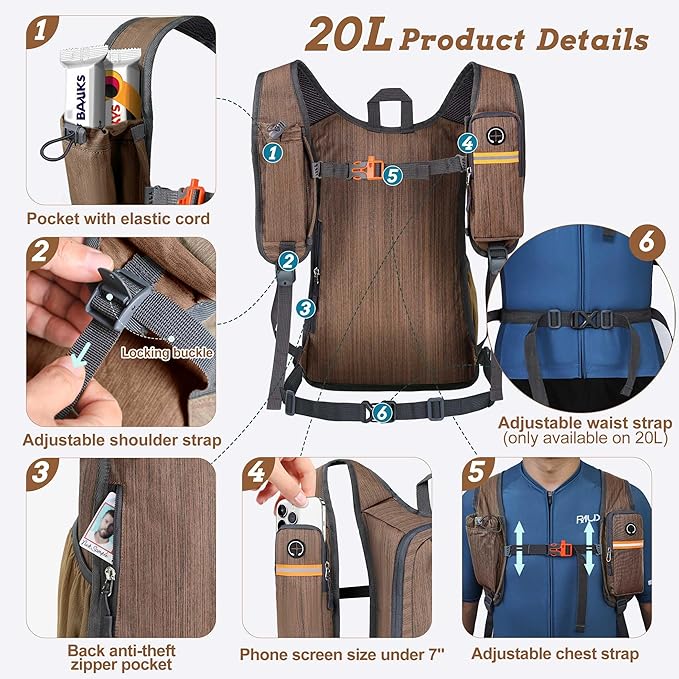 20L Small Hiking Backpack for Men Women Foldable Packable Back Pack Ultralight Hiking Daypack for Travel Camping Outdoor, Chocolate Brown
