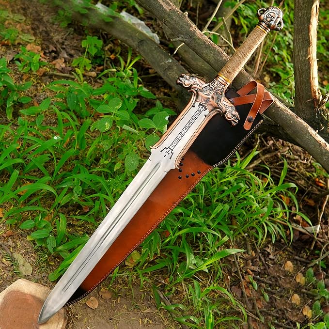 FORGE HIDE-Conan The Barbarian Sword – Real Full Tang Atlantean Swords | 1095 Carbon Steel, Bronze Fittings & Leather Sheath | Medieval Fantasy King Sword Prop | Gift for Him, Christmas, Viking Gifts