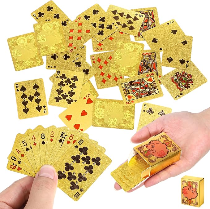 2 Decks Mini Playing Cards, Mini Poker Deck Gold Waterproof Playing Cards for Parties and Games, Tiny Deck of Novelty Party Gift, Party Favor for Christmas, Halloween, New Year, Par(Golden Pig Style)