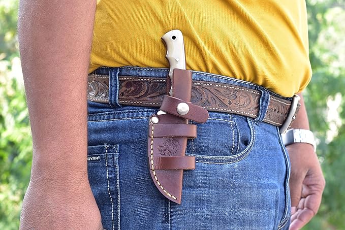 Knives Ranch Handmade 7-1/2" Arched Hunting Knife - Full Tang - Damascus Steel - Cattle Bone Handle - Heavy Duty Leather Sheath (3183-B)