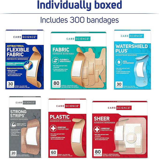 Care Science Variety Bandages Pack, 300 ct Bulk Assorted Sizes | Includes Active, All-Purpose, Waterproof, Heavy-Duty | Breathable Protection for First Aid