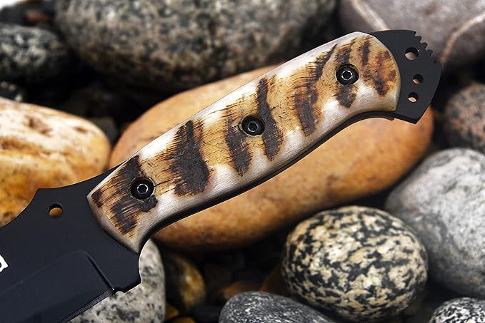 Ottoza Fixed Blade Hunting Knife with Leather Sheath and Horizontal Carry - Full Tang Outdoor Survival and Camping Knife for Men - Ram Horn Handle 353