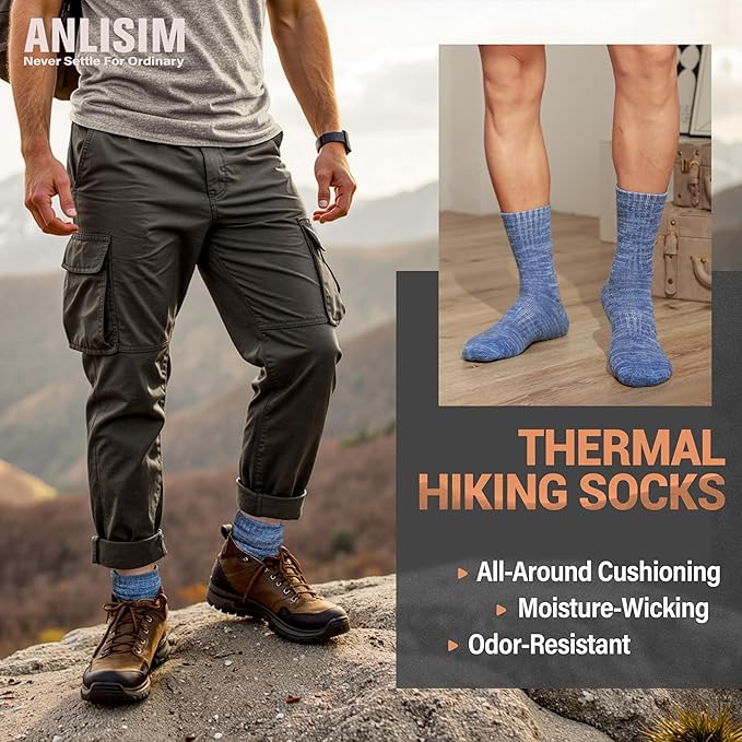 Anlisim Merino Wool Warm Boot Hiking Socks Thermal Extra Thick Winter Cozy Crew Comfy Cushioning Work Women Men Socks 4 Pairs