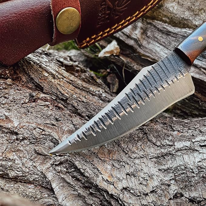 Titan International Knives Handmade Skinning Knife Carbon 1080 Steel | Fixed Blade Knife Color Coated Hand Pounded |Walnut Wood Handle with Leather Sheath | Perfect for Camping and Outdoor Activities