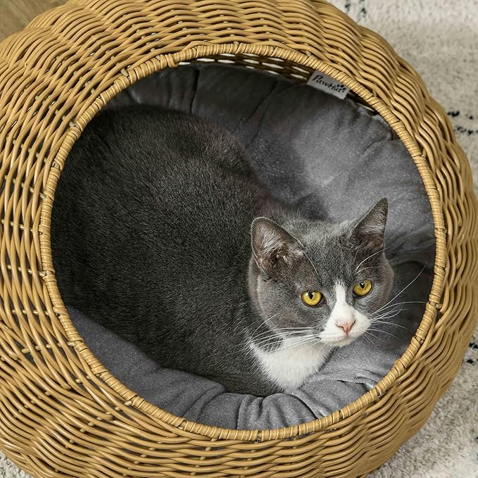 PawHut Rattan Cat Bed, Wicker Cat House Basket with Washable Cushion for Small Indoor Cats and Dogs, Light Brown