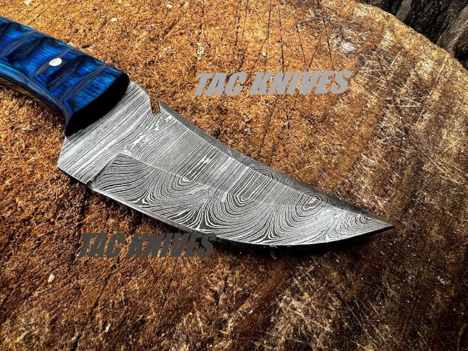 Bushcraft Survival Knife12T27 Damascus Steel Fixed Blade outdoor - Pakka Wood Handle - Pancake Leather Sheath - Traditional Field for Camping , Fishing, Hunting Knife, Men & Women - EDC Knife to Carry on Belt- (BLUE)