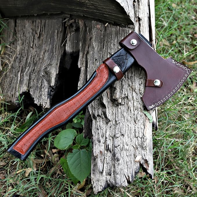 Viking Axe | 18" Carbon Steel Throwing Hatchet with Ash Wood Handle & Leather Sheath | Etched Norse Design, Functional & Collectible Gift(WCA-001)