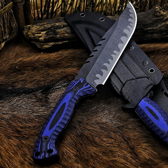 BA-KOR 12.4in Full Tang Fixed Blade Hunting Knife ??6mm 9CR18MoV Steel, G10 Handle, Stonewashed Sawback Blade with Kydex Sheath & Fire Starter for Outdoor, Camping, Survival (Blue and black stripes)