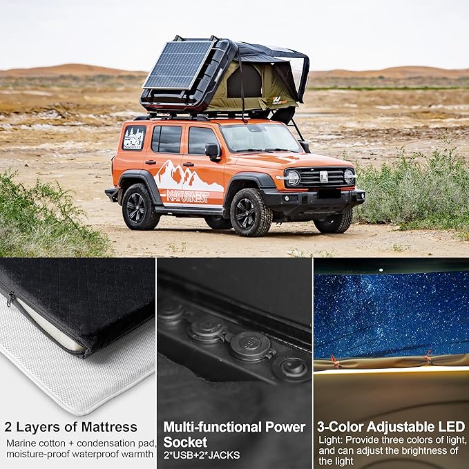 Naturnest Sirius1plus Hardshell Rooftop Tent with 2 Luggage Racks and Skyview Window, Aluminium Roof Top Tent with 3-Color LED Lights and Internal USB Plug for Jeeps, SUVs and Trucks, 2-3 Person