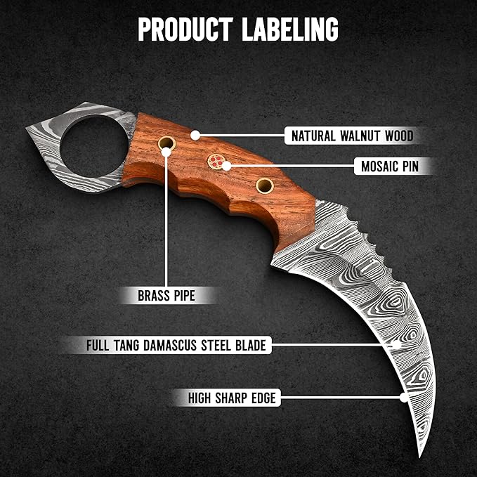 Damascus steel Handmade Knife, Survival claw Tactical teeth Knife Double edged sharp, Fixed Blade Knife With Sheath, Curved knife (Walnut Wood)