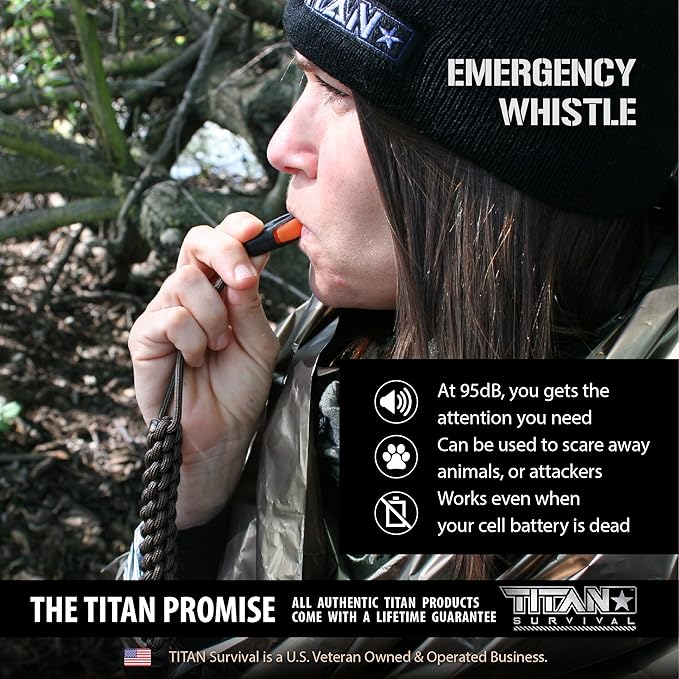 Titan SurvivorSteel Ferrocerium Fire-Starter v2.0, 5" x 1/2" Ferro-Rod with Steel Scraper, Patented SurvivorCord Handle, and Integrated High-Decibel Emergency Whistle.