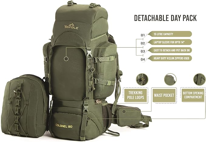 Tripole Colonel 95 Litres Internal Frame Rucksack + Detachable Day Pack, Rain Cover, Army Green
