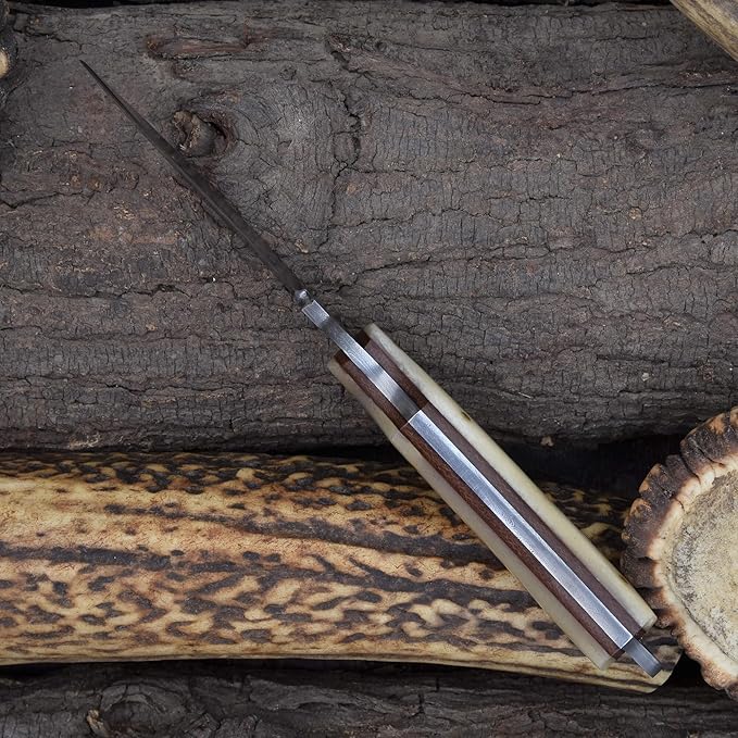 Knives Ranch EDC Hunting Knife - Carbon Steel Damascus - Bone Handle - Pancake Sheath (2001-B)