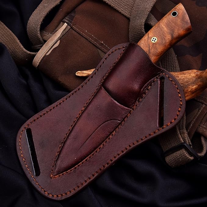 Fixed Blade Hunting Tracker Knife, Stainless Steel Blade Bushcraft Knife, Scout Carry Knives with Leather Sheath, Rosewood Handle Strong Grip, For Outdoors Hunting, Survival, Camping, Hiking Knives