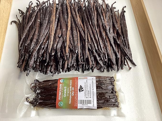 30 Madagascar Organic Vanilla Beans Grade B. Certified USDA Organic. Bulk Bourbon 5"-7" by FITNCLEAN VANILLA| Whole NON-GMO PODS