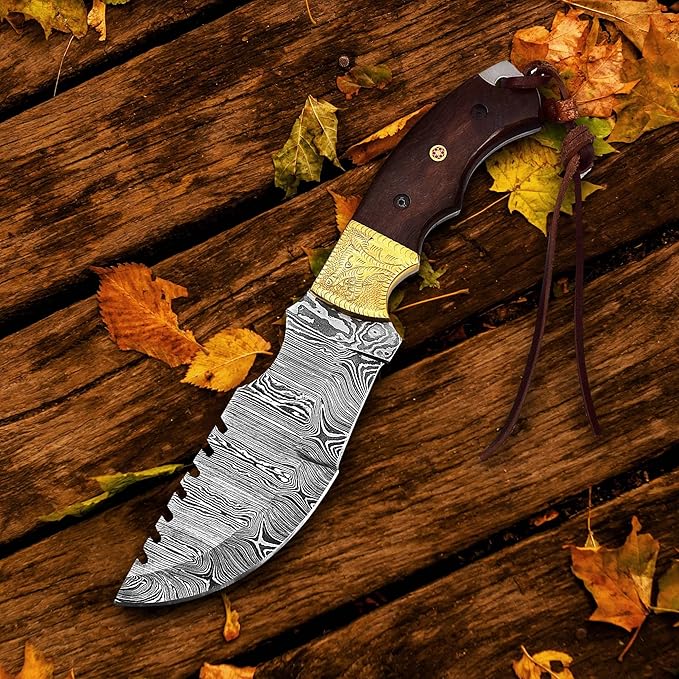 Dessi Tracker Knife: Hand-Forged Damascus Steel Blade - Perfect for Hunting, Camping, Tactical & Survival Use - With Horizontal Carry-Back Leather Sheath for Men SM71