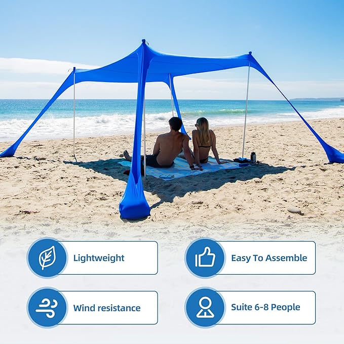 AMMSUN Beach Tent Portable Sun Shelter,9X 9ft Beach Canopy Easy Setup, 9'x9'Lycra Sun Shelter with UPF50+ Protection 4 Sand Bags & 4 Aluminum Poles for Family at The Beach, Camping & Outdoor
