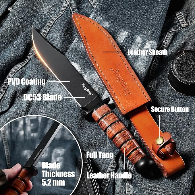 Fixed Blade Knife, 8.0??Black Titanium PVD Coating DC53 Steel Blade Hunting Knives with Leather Sheath, Ergonomic Handle Bushcraft Bowie Knife for Camping, Hiking