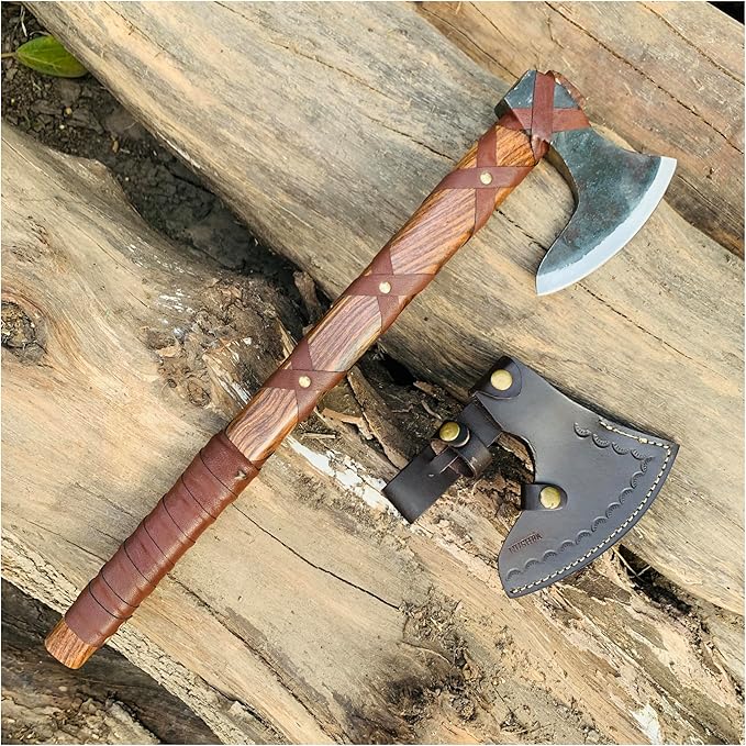 Ragnar Lothbrok Viking Style Axe with Forged Carbon Steel Blade, Handcrafted Rosewood Handle and Decorative Leather Sheath | Norse Inspired Collectible Gift for Men