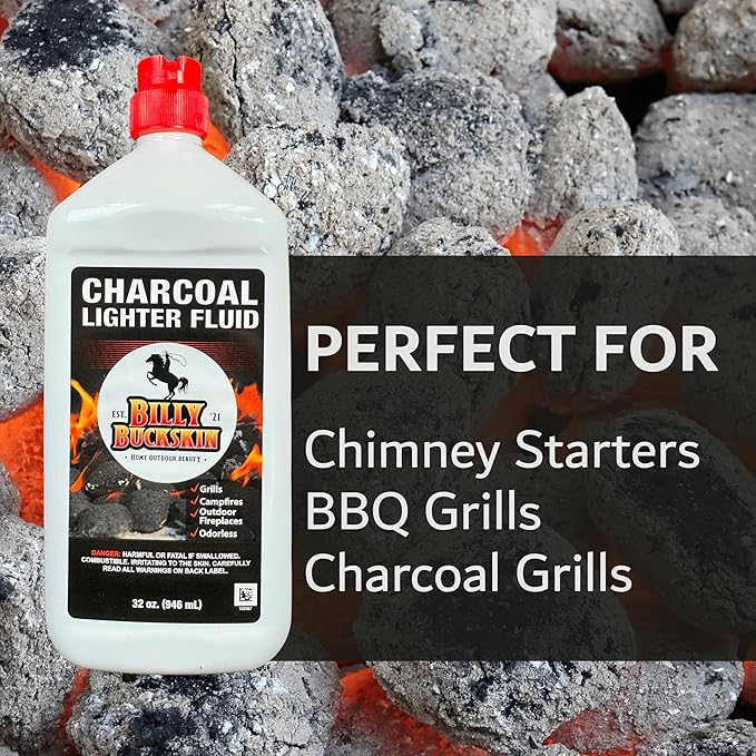 1 Quart Lighter Fuel Bottle, Clean Burning, Low Odor & Fast Lighting Charcoal Lighter Fluid, Perfect Fire Starter for Outdoor BBQ, Grilling, Camping, Charcoal & Wood Fires & Bonfires by Billy Buckskin