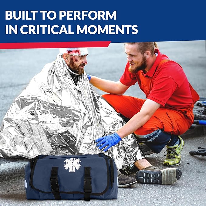 First Responder Trauma First Aid Kit Bag ??Fully Stocked Emergency Medical Kit for Workplace, Vehicle & Home ??OSHA & ANSI Compliant ??Portable ??Blue