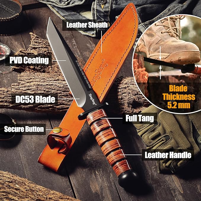 Fixed Blade Knife, 8.0??Black Titanium PVD Coating DC53 Steel Blade Hunting Knives with Leather Sheath, Ergonomic Handle Bushcraft Bowie Knife for Camping, Hiking