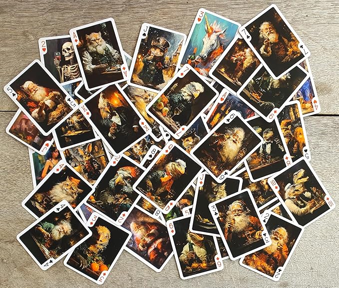 MAD Christmas Party Playing Cards (Poker Deck 54 Cards All Different) Santa and Reptiloid and Cats and Hamster Drink Wine of Christmas Vintage Illustration