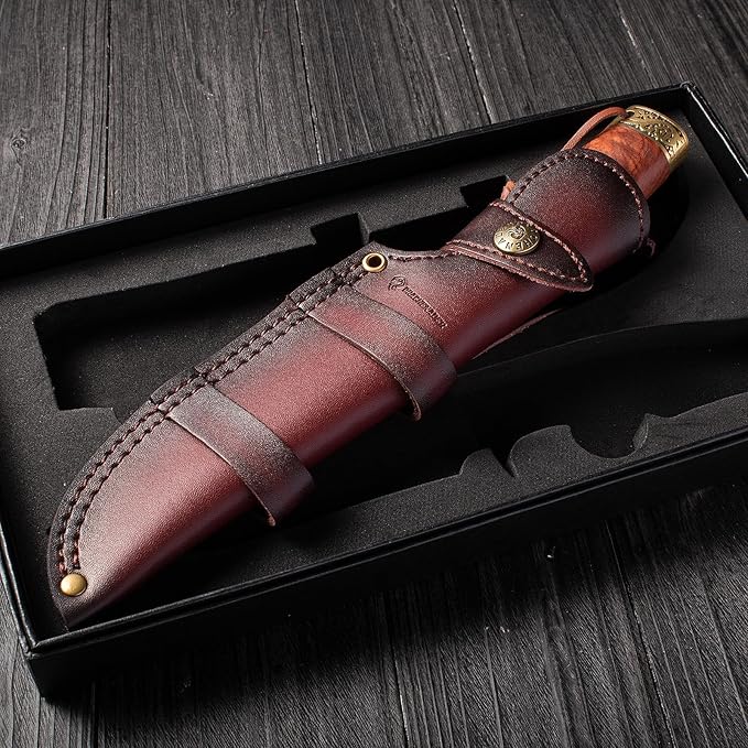 Fixed Blade Hunting Knife with Horizontal Leather Sheath YU-LN, 10.63" Bushcraft Knife for Men with Wood Handle, Gift for Men