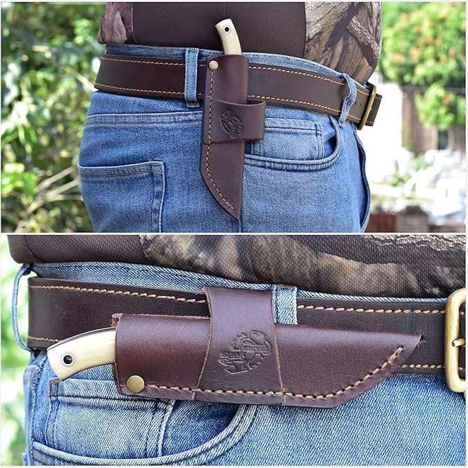 Knives Ranch Horizontal Carry Fixed Blade EDC Knife for Hunting & Skinning - Excellent Edge Retention - Bone Handle - Dual Carry Horizontal/Vertical Loop Cowboy Sheath (3185-B)
